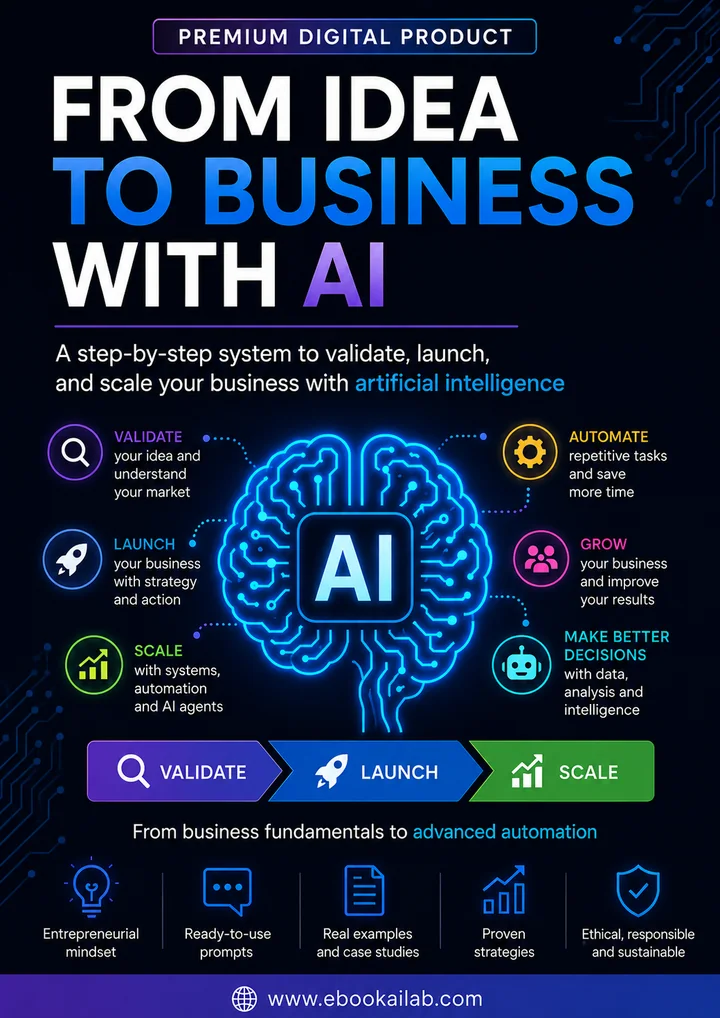 Vertical visual of From Idea to Business with AI showing an AI brain and validate launch scale framework